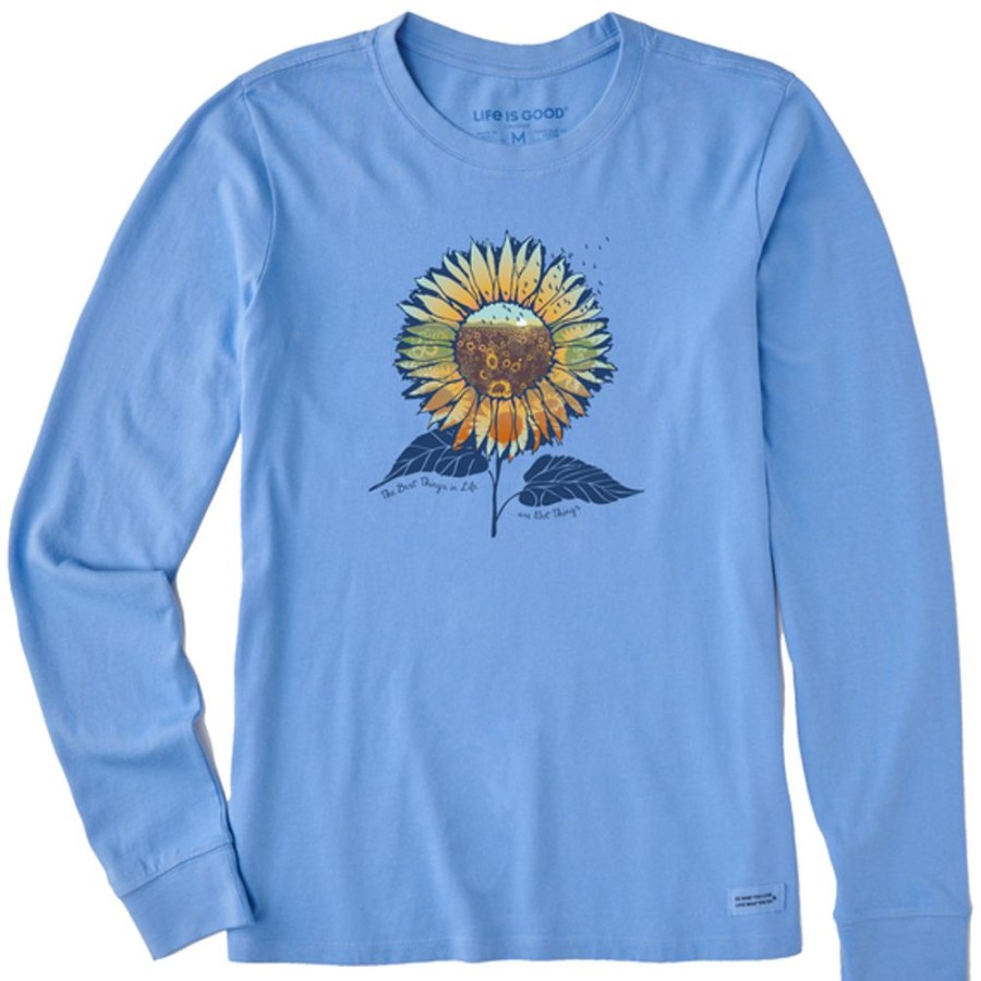 Women Life is Good Graphic Tees | Women'S Macro Micro Best Things Sunflowerscape Long Sleeve Crusher Tee Cornflower Blue