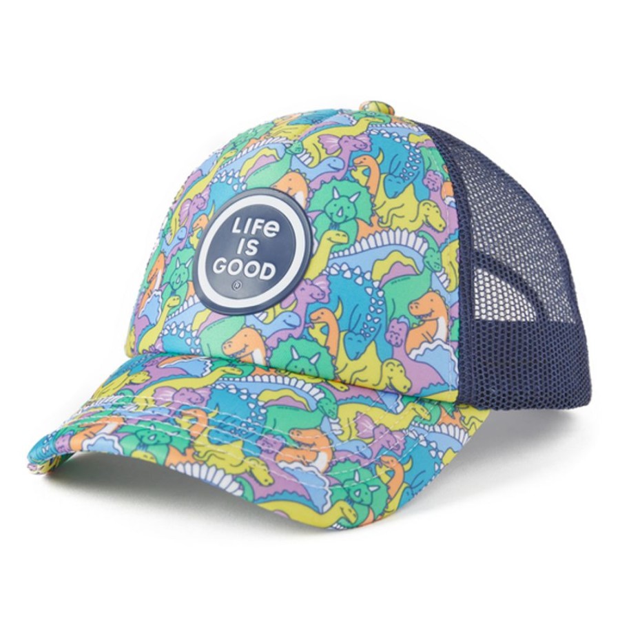 Kids Life is Good Hats | Kids Dinosaur Friends Pattern Kids Trucker Cloud White