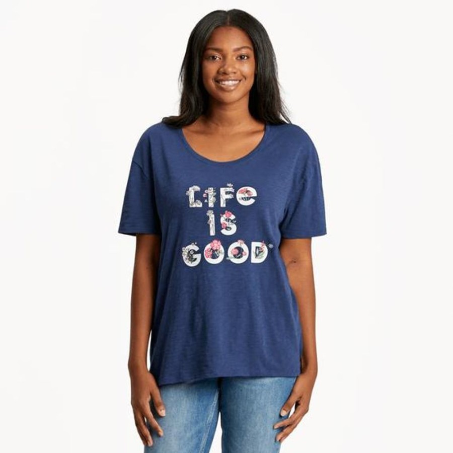 Women Life is Good Graphic Tees | Women'S Lig Stack Flowers Relaxed Fit Slub Tee Darkest Blue