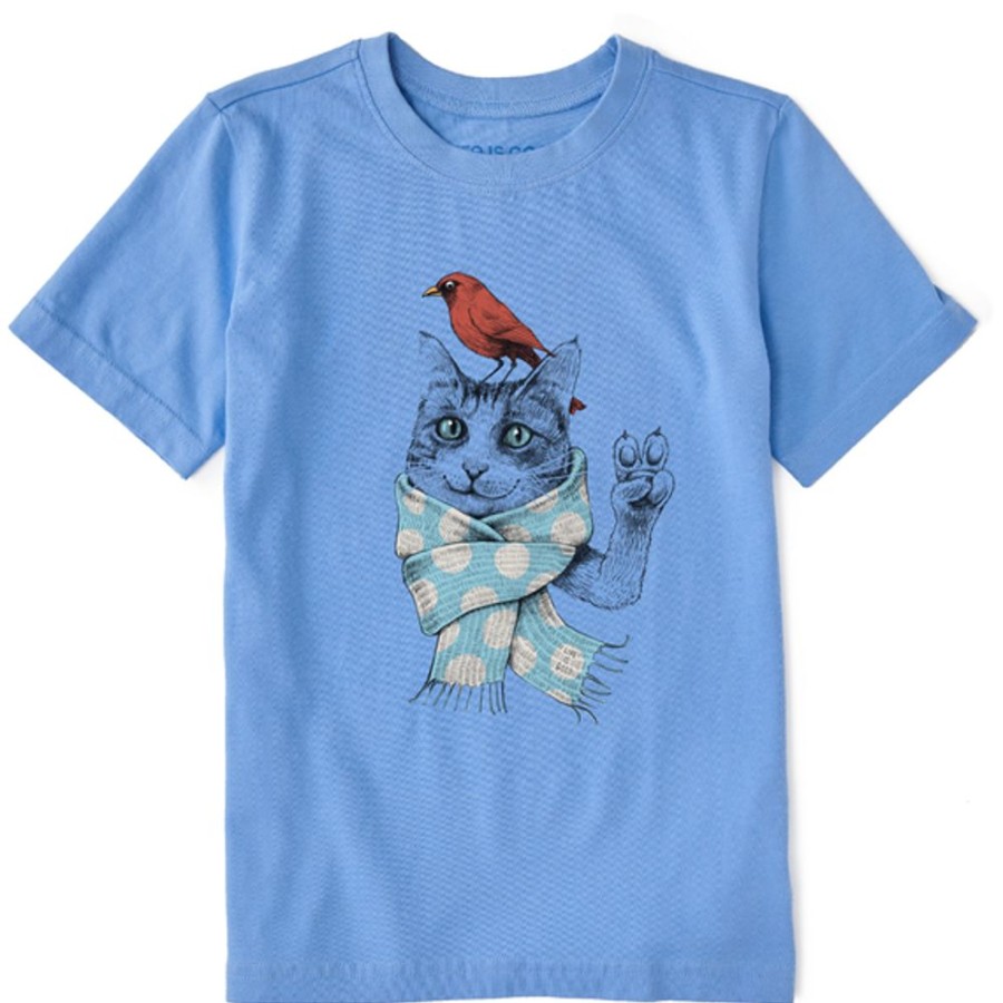 Kids Life is Good Graphic Tees | Kids Fineline Peaceful Cat W Bird Polka Scarf Crusher Tee Cornflower Blue