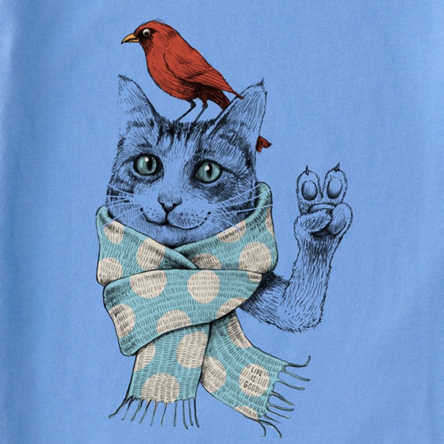 Kids Life is Good Graphic Tees | Kids Fineline Peaceful Cat W Bird Polka Scarf Crusher Tee Cornflower Blue