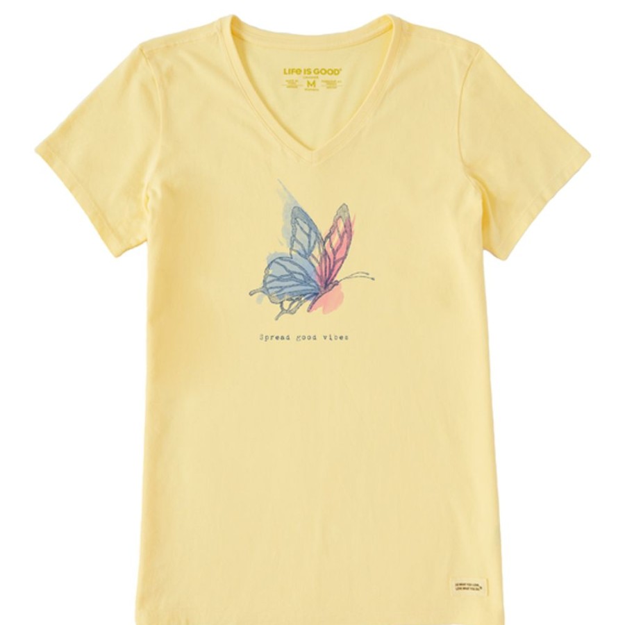 Women Life is Good Graphic Tees | Women'S Fineline Spread Good Vibes Butterfly Crusher Vee Sandy Yellow